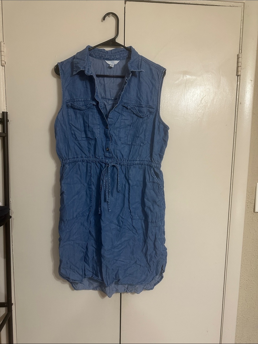 Sleeveless Blue Chambray Drawstring Waist Dress
